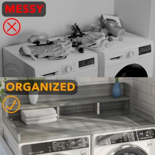 CuisinSmart Washer Dryer Countertop with 2-Tier Shelf, Wood Laundry Countertop Over Washer and Dryer with Edge, 54" Width x 27.5" Depth Laundry Hamper Table Top Storage Organization Gray stripe