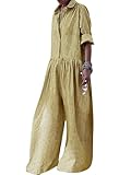 utcoco Women Long Sleeve Wide Leg Plaid Jumpsuits Casual Loose Fit Button Up One Piece Jumpsuit Long Pants (Medium, Yellow)