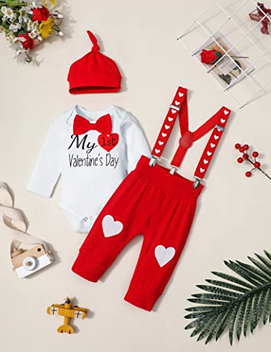 Baby Boy Valentines Day Outfit My First Valentines Day Long Sleeve Romper + Suspender Pants + Hat 3Pcs Spring Outfit4
