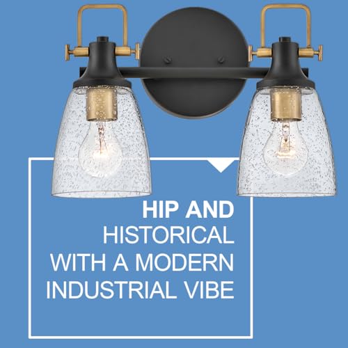 Image of Hinkley Easton Two Light Bath Vanity Fixture, Modern Industrial, Clear Seedy Glass Shade, Mounts Up or Down, Black and Heritage Brass