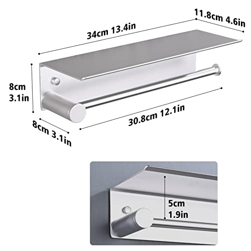 Miniatura 2 de Hanfu Portarrollos Cocina De Pared, Porta Rollos De Papel Cocina Adhesivo Sin Taladrar Soporte Papel Cocina, Aluminio Portarollos Cocina Con Estante Para Estanteria De Especias 34cm 13.4in, Plata