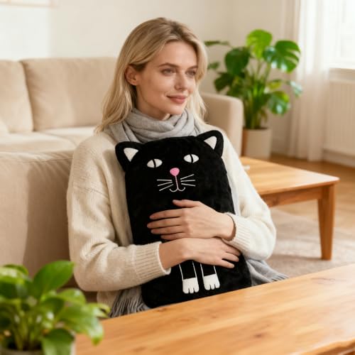 Wärmflasche mit Bezug Tier, Katze Mini Strick Wärmflasche Kinder 2 Liter, Wärmeflasche zur Schmerzlinderung, Bettflasche für Erwachsene, Hot Water Bottle Geschenk für Frauen Männer