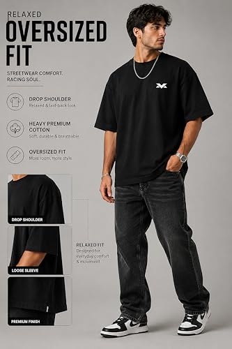Image of Men's Cotton Oversized T-Shirt - Relaxed Fit Half Sleeve F1 Graphic Print Tee for Streetwear & Casual Outings - Black