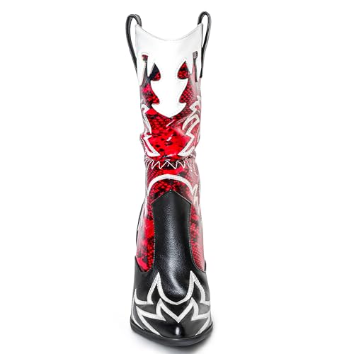 Image of Women Cowboy Boots Mid Calf Embroidered Cowgirl Knee High Chunky Heel Western Pointed Toe