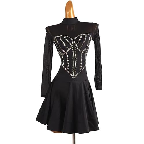 ZYDANC Latin Dance Dress for Women Flowy A-Line Skirt for Standard Ballroom Competition Mesh Splice Cha Cha Costumes,Black,L