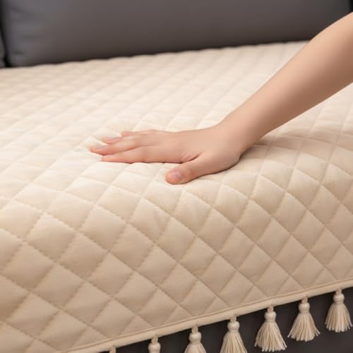 Image of HOMEMONDE 1 Seater Quilted Velvet Sofa Cover with Tassels |Soft, Durable & Premium Fabric with Tassels | Sofa Cover Mats for Living Room, Bedroom, or Drawing Room (76 X 61 CM, Beige)