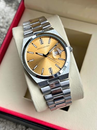 Image of AMERICANVIBER Men's Silver Stainless Steel Watch, Vibrant Green Sunburst Dial, Quartz Analog Movement, Date Display, Faceted Bezel for Men