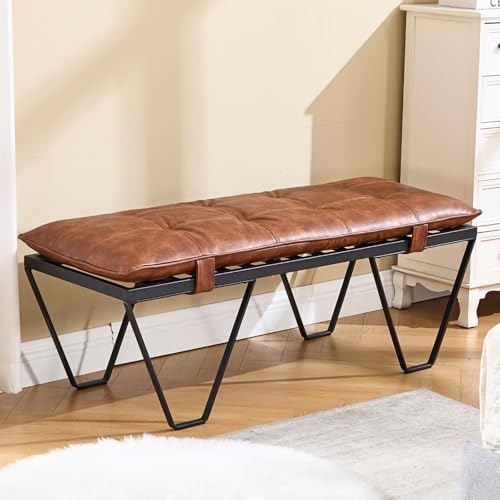 HEAH-YO 49" Modern Industrial Entryway Bench, PU Leather Upholstered End of Bed Bench, Comfy Ottoman Bench with Removable Cushion/Black Metal Frame for Hallway Dining Living Room, Brown