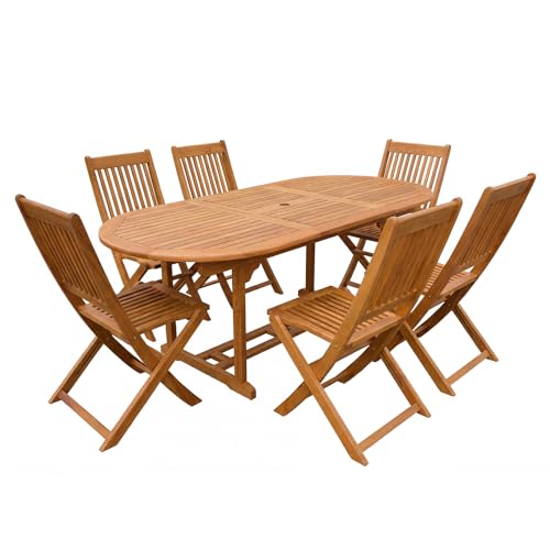 Panana 7 Piece Acacia Wood Garden Dining Furniture Set, Extending Wooden Table and 6 Folding Chairs with Parasol Hole, Outdoor Patio Furniture for Terrace Balcony Conservatory