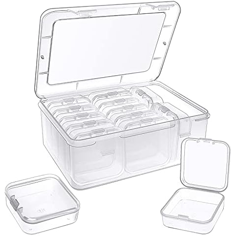 14Pcs Mini Cajas de Almacenaje Transparente y 1 Caja Organizador Rectangular Grande Cover