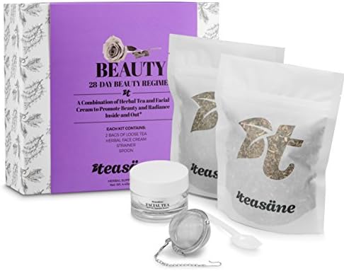 TEASANE Herbal Tea Beauty Kit (2 Bags Loose-Leaf Tea, Face Cream, Tea Strainer); 28-Day Skin Care Regimen w/Natural Pure Plant Extracts, Caffeine-Free…