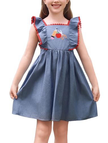 IMEKIS Toddler Kids Girls Back to School Dress Embroidered Apple Pencil Ruffle Sleeve Clothes 3-8T