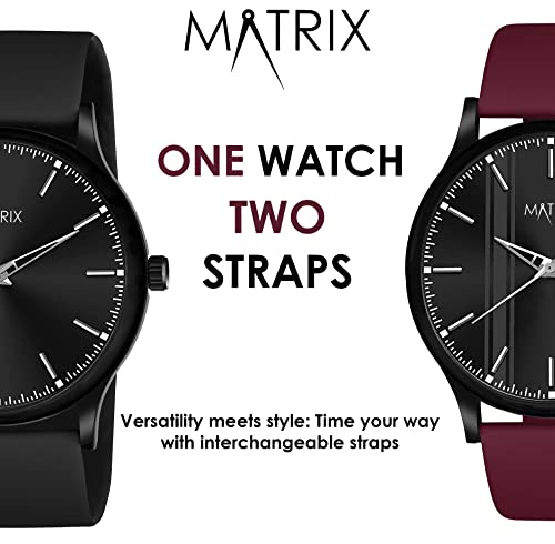 Matrix Swap Analog Black Dial Watch with Interchangeable Straps for Men & Boys, Black & Burgundy, Free Size, strap