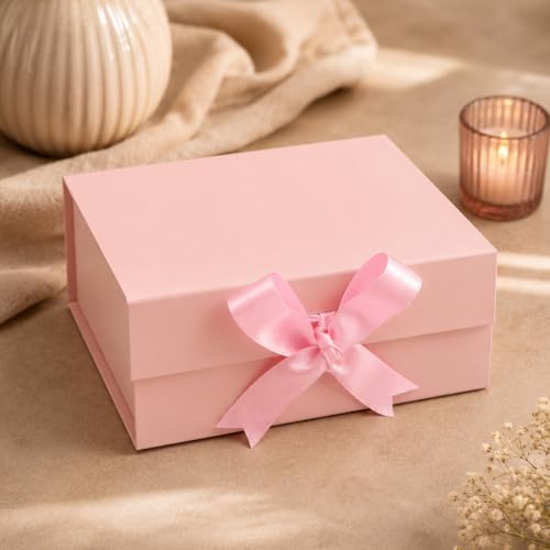 Image of Kura by Ekhasa Foldable Large Multipurpose Gift Hamper Box (21.5 x 21 x 9.5 cm) with Magnetic Closure & Ribbon | Pink Rigid Cardboard Empty Reusable Packing Box | Birthday, Wedding & Festive Gifting