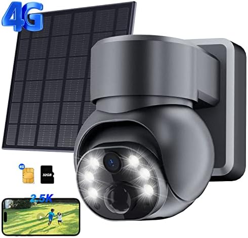 GAGEUR Solar Security Camera Wireless Outdoor, 2.5K 360° View 4G LTE Cellular Security Camera Includes SD/SIM Card, Outdoor Camera with Full-Color Night Vision, Siren Alarm, PIR Sensor, IP65