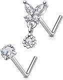 OUFER 2PCS Nose Rings Surgical Steel, 20G Butterfly Design L Shaped Studs, 7MM Silver CZ Dangle Nose Nostril Piercing Jewelry for Women Men