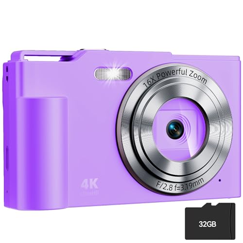 Image of Digital Camera, FHD Digital Point and Shoot Camera with 16X Zoom Anti Shake, 48MP Compact Small Camera with 32GB Card for Boys Girls Kids Purple
