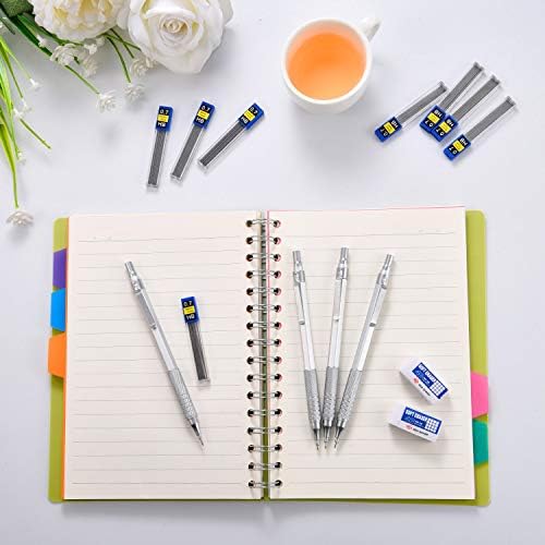 Mechanical Pencils Set, 4 Pieces Automatic Metal Mechanical Pencils, 8 Pieces HB Pencil Replaceable Refills and 2 Pieces Erasers for Home, School, Office Supplies (Silvery, 0.7 mm)