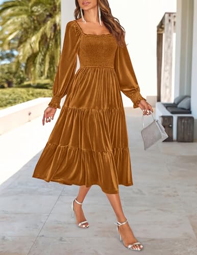 ZESICA Women’s Velvet Long Sleeve Dresses 2025 Fall Square Neck Smocked Ruffle A Line Flowy Midi Dress with Pockets4