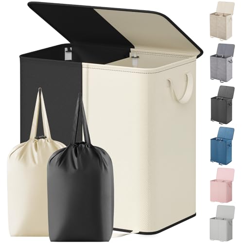 Lifewit Double Laundry Hamper with Lid and Removable Laundry Bags, Large Collapsible 2 Dividers Dirty Clothes Basket with Handles for Bedroom Laundry Room Closet Bathroom College, 136L White&Black