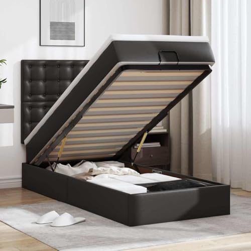 Runheo Lit Ottoman Noir en Similicuir 100x200 cm avec Matelas à Ressorts ensachés, sommier Plateforme, Rangement intégré et surmatelas Confortable pour...