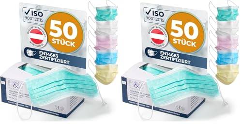 ISC Hygiene & Safety OP Vlies Mundschutz Maske (50 Masken mit Elastikband in Komfortlänge, 3-lagig, 100% PP, mit Nasenbügel, glasfaserfrei, latexfrei, 3-lagig grün (Packung mit 2)