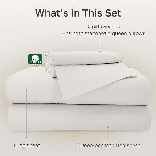 Image of California Design Den 500TC 100% Cotton Queen Sheets Set, Eggshell Cream | Good Housekeeping Seal, OEKO-TEX Certified, Silky-Soft Sateen Weave, 4pc Set, 16 inch Deep Pockets, For Hot Sleepers, All-Season