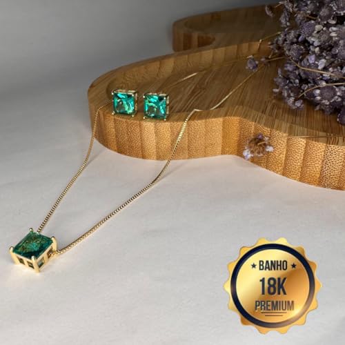 Conjunto Colar E Brinco Pedra Zircônia Verde Esmeralda Banhado a Ouro 18k Antialérgico