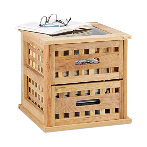 Relaxdays 10020649 Table basse carrée table de chevet en bois noyer table de nuit console avec 2 tiroirs HxlxP: 34 x 34 x 34 cm, nature