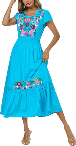 Image of Women's Summer Maxi Dress Casual Floral Embroidered Round Neck Short Sleeve Ruffle Tiered Dress Flowy Boho Beach Sundress