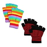 NOIAFZY 2 Pairs Rainbow Striped Cotton Knitted Half Finger Gloves - Thickened Warm for Autumn & Winter