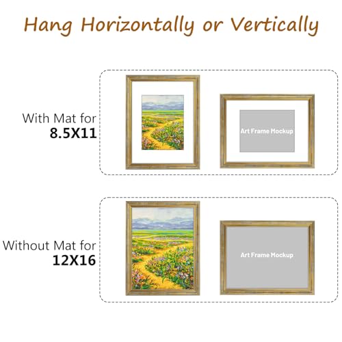 Image of Golden State Art,12x16 Ornate Picture Frame Holds 8.5x11 Photo,Vintage Gold | Includes real glass front,white mat,build-in hangers and buttons.Displays 8.5x11 photo on wall