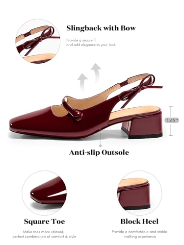 Image of Coutgo Womens Mary Jane Shoes Slingback Chunky Low Heels Bow Closed Square Toe Pumps Wedding Party Dress Shoes
