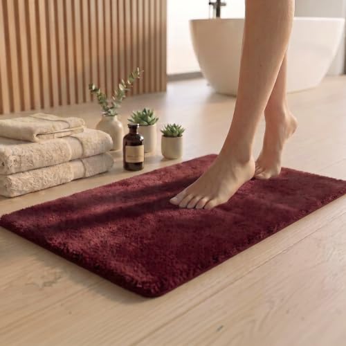Image of Earthy Fables Plush Microfiber Bath Mat, Quick Dry, Anti-Skid, Water Absorbent, Non-Slip, Machine Washable Floor Rug, Shower Mat, Door Mat for Bathroom, Bedroom, 75 x 45 cm - Wine