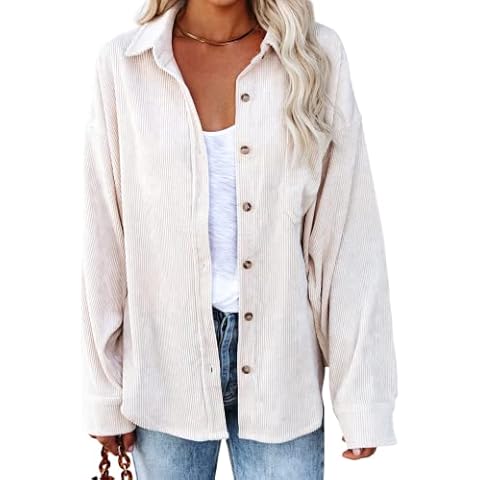 Omoone Women's Vintage Corduroy Button Down Long Sleeve Ribbed Shirt Coat Shacket, #1 White, M Cover