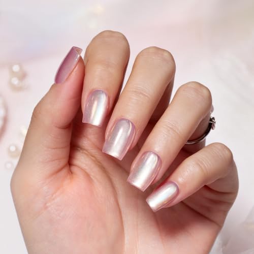 Image of Beetles Pearl Chrome Press On Nails, Purple Cat Eye Short Square, 30 PCS
