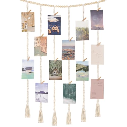 AstraGlam Présentoir photo à suspendre avec guirlande lumineuse, guirlande de perles en bois bohème, support de cadre photo avec 30 clips, pour chambre à coucher, salon, dortoir, cadeaux pour