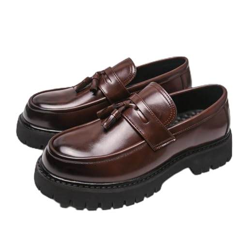 Image of Mens Leather Slip-On Platform Dress Tassels Loafers Non-Slip Low Top Round Toe Chunky Penny Shoes for Business Casual Dress Prom Party