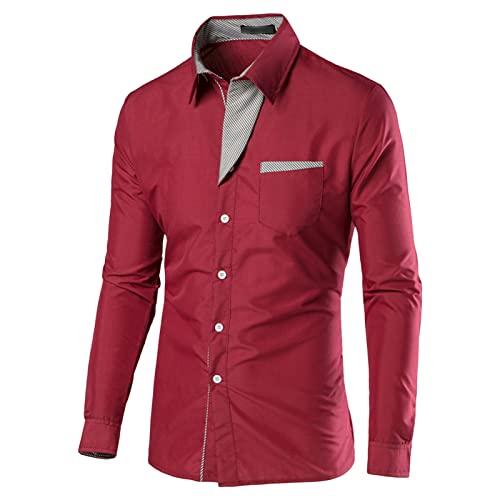 Mens Long Sleeve Stylish Dress Shirts Patchwork Casual Button Down Shirts Turn-Down Collar Shirt Top with Pockets (Red,3X-Large)