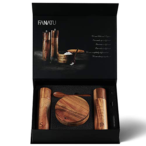 Wooden Salt And Pepper Grinder Set - Premium Set Includes Salt And Pepper Mill, Salt And Pepper Box With Swivel Lid, Spoon & Cleaner Tool - Perfect Salt And Pepper Shakers Gift (8 Inch) #TOP3