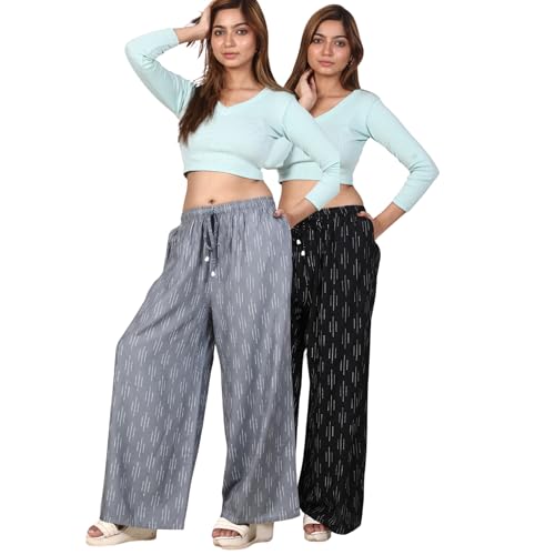 Image of Women's Cotton Rayon Flair Printed Pocket Regular Palazzo Pack of 2