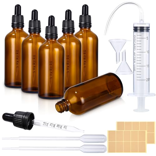 6 Pezzi 100 ml Boccette Vetro Contagocce, Flaconi Contagocce in Vetro, Ambrato Bottiglie Contagocce con pipette, Ambra Bottiglie Contagocce Vetro per Profumi Olio Essenzial Aromaterapia Laboratorio