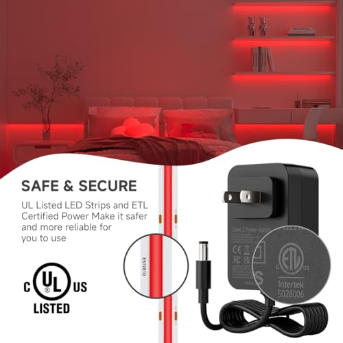 Image of BTF-LIGHTING Red Color COB LED Strip Light, UL Listed High Density Flexible Tape Light with RF Remote & ETL Power Adapter, DC12V 16.4FT Ultra Bright Light for Cabinet Kitchen Home Indoor Lighting
