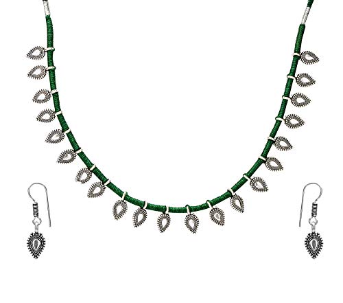 Image of Yellow Chimes Women and Girls Traditional Silver Oxidised Choker Jewellery Set - Black