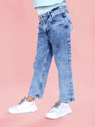 Image of KiddoPanti Girls Solid Waist Elasticated Straight Fit Jeans