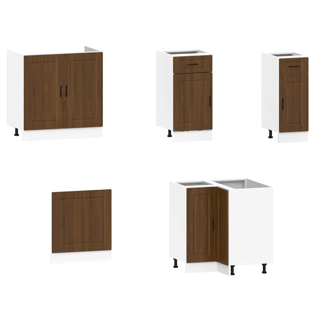 Lot de 11 armoires de cuisine Porto aspect chêne marron en bois avec beaucoup d'espace de rangement et pieds réglables pour une cuisine autonome et un rangement peu encombrant