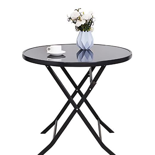 LASALE Patio DiningTable, Round Tempered Glass Table Sturdy Metal Frame, Outdoor Metal Dining Table for Garden, Balcony