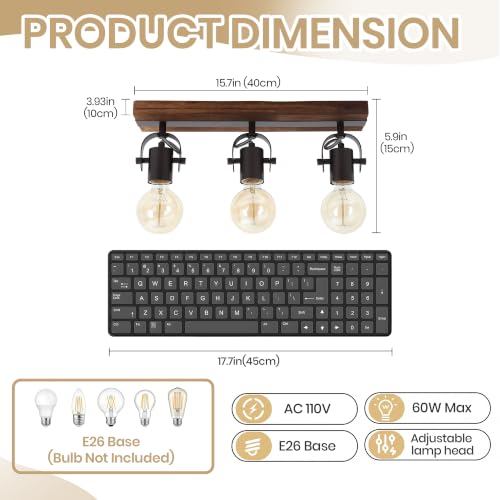 Image of 3-Light Farmhouse Track Lighting Fixture, Light Natural Wood & Matte Black Adjustable Directional Ceiling Spot Light, E26 Base Linear Wood Track Light for Kitchen Hallway Bedroom Laundry Room