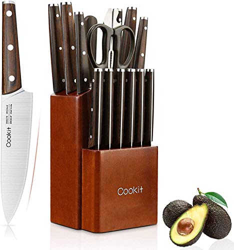 Kitchen Knife Sets Cookit 15 Piece Knife Sets with Block for Kitchen Chef Knife Stainless Steel Knives Set Serrated Steak Knives with Manual Sharpener