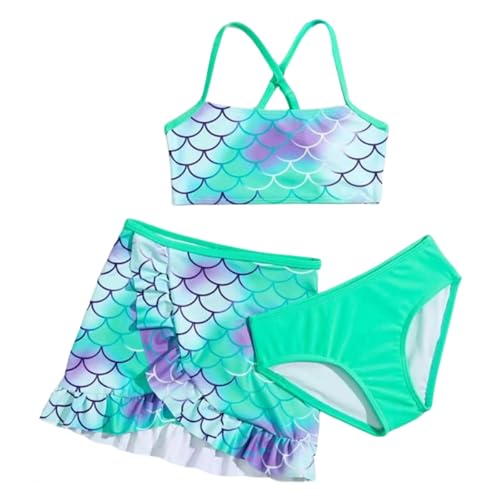 Generisch Traje de baño de 3 piezas para niña, con estampado bonito, incluye vestido de playa y manta, traje de baño infantil, verde, 11-12 años